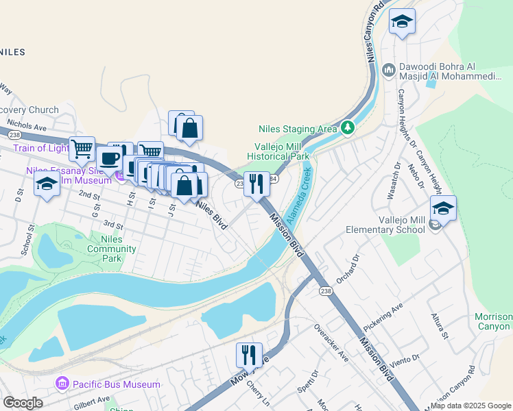 map of restaurants, bars, coffee shops, grocery stores, and more near 37926 Vallejo Street in Fremont
