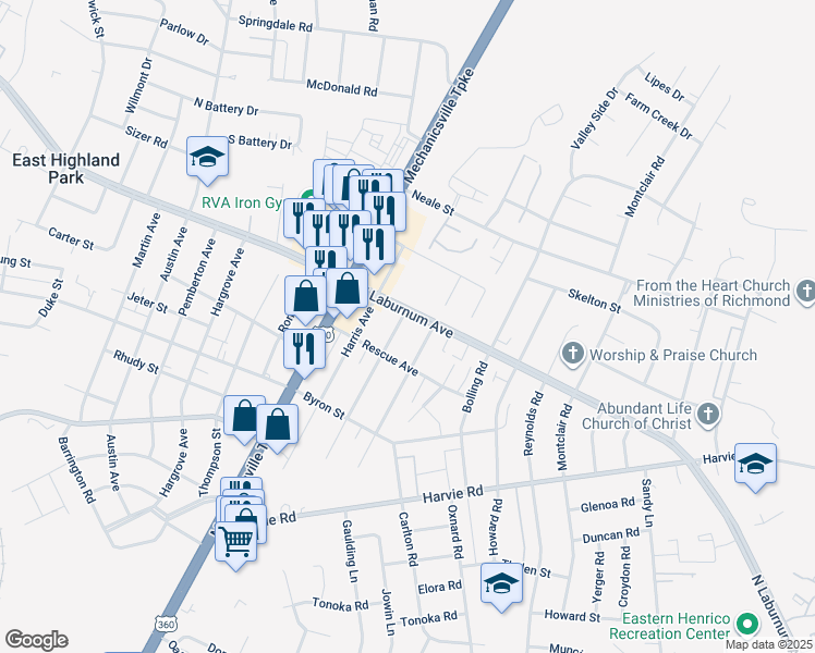 map of restaurants, bars, coffee shops, grocery stores, and more near 3711 Whitlock Avenue in Richmond
