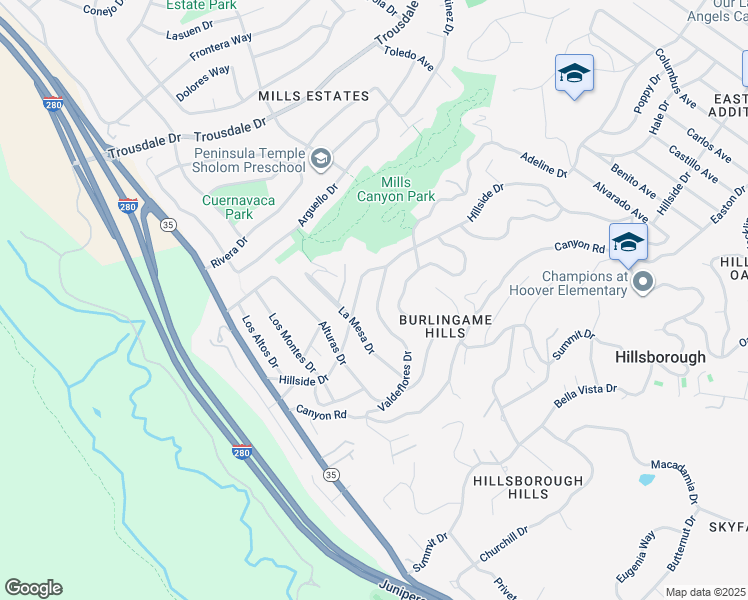 map of restaurants, bars, coffee shops, grocery stores, and more near 120 Valdeflores Drive in Burlingame