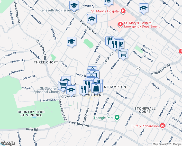 map of restaurants, bars, coffee shops, grocery stores, and more near 5801 Maple Green Circle in Richmond