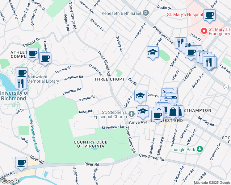 map of restaurants, bars, coffee shops, grocery stores, and more near 6200 Three Chopt Road in Richmond