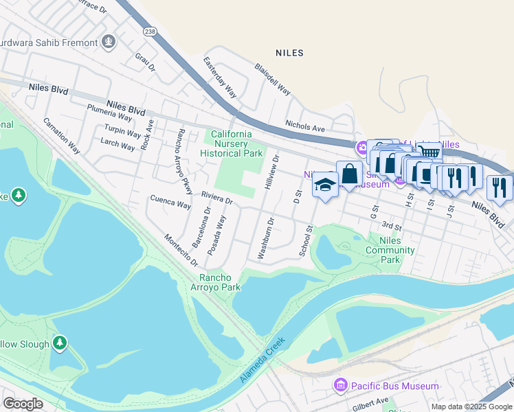 map of restaurants, bars, coffee shops, grocery stores, and more near 375 Hillview Drive in Fremont