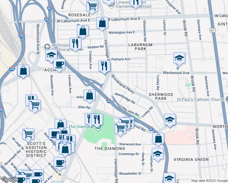 map of restaurants, bars, coffee shops, grocery stores, and more near 1610 Wentbridge Road in Richmond