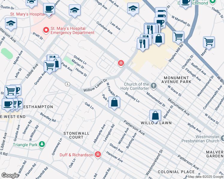map of restaurants, bars, coffee shops, grocery stores, and more near 5108 West Franklin Street in Richmond
