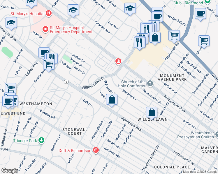 map of restaurants, bars, coffee shops, grocery stores, and more near 5108 West Franklin Street in Richmond