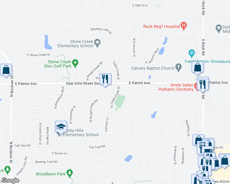 map of restaurants, bars, coffee shops, grocery stores, and more near 2730 Rough Creek Road in Derby