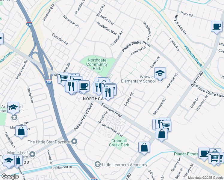 map of restaurants, bars, coffee shops, grocery stores, and more near 34077 Paseo Padre Parkway in Fremont