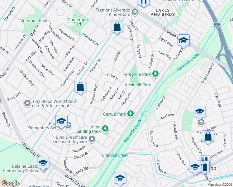 map of restaurants, bars, coffee shops, grocery stores, and more near 4540 Niland Street in Union City