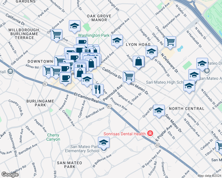 map of restaurants, bars, coffee shops, grocery stores, and more near 15 Highland Avenue in Burlingame