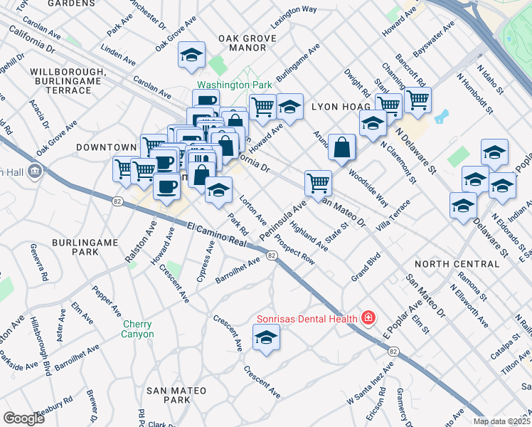 map of restaurants, bars, coffee shops, grocery stores, and more near 15 Highland Avenue in Burlingame