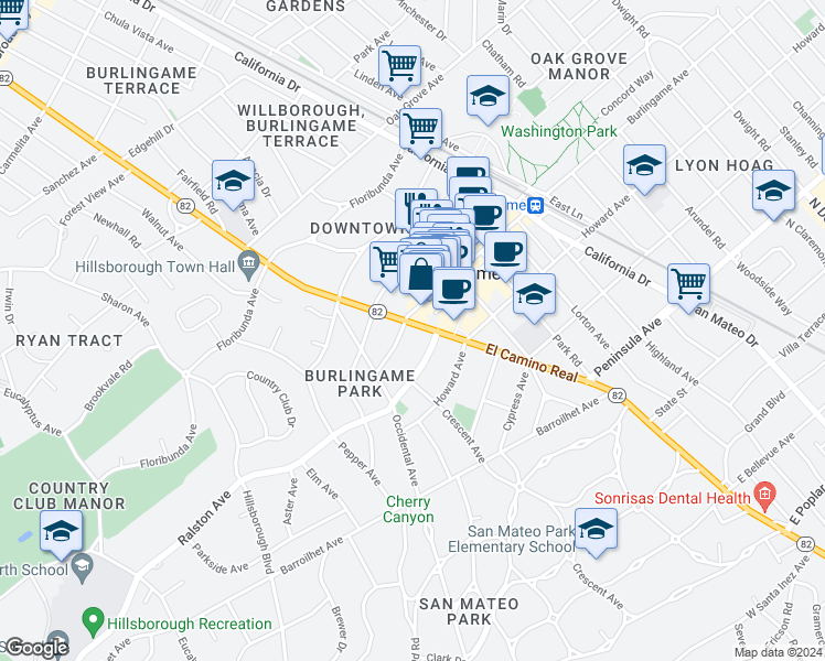 map of restaurants, bars, coffee shops, grocery stores, and more near 301 California 82 in Burlingame