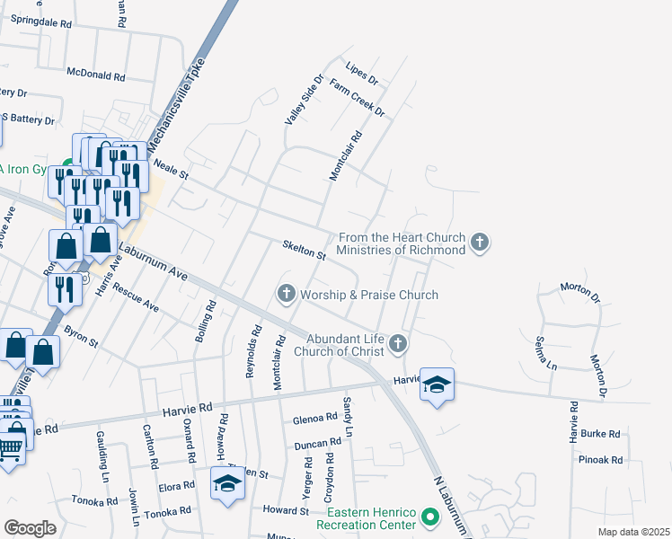 map of restaurants, bars, coffee shops, grocery stores, and more near 3103 Skelton Street in Richmond