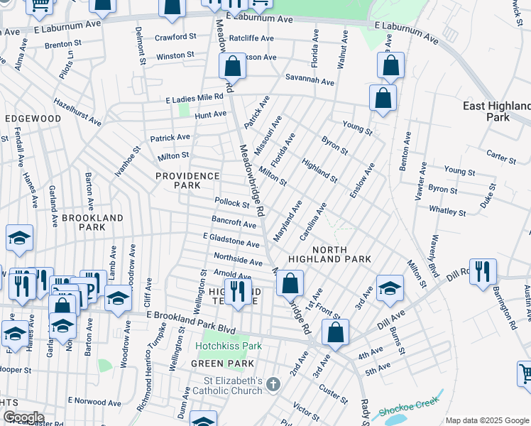 map of restaurants, bars, coffee shops, grocery stores, and more near 3208 Delaware Avenue in Richmond