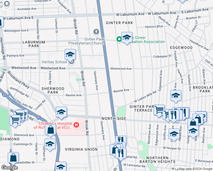 map of restaurants, bars, coffee shops, grocery stores, and more near 3208 Chamberlayne Avenue in Richmond