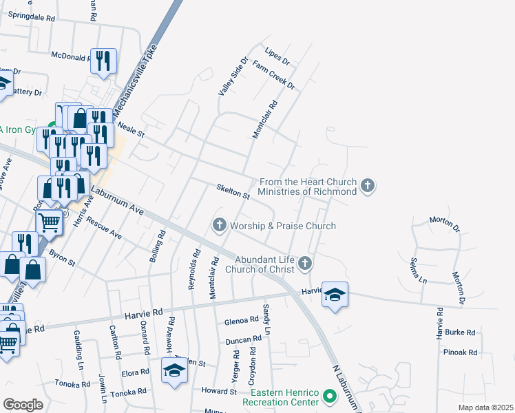 map of restaurants, bars, coffee shops, grocery stores, and more near 3103 Skelton Street in Richmond