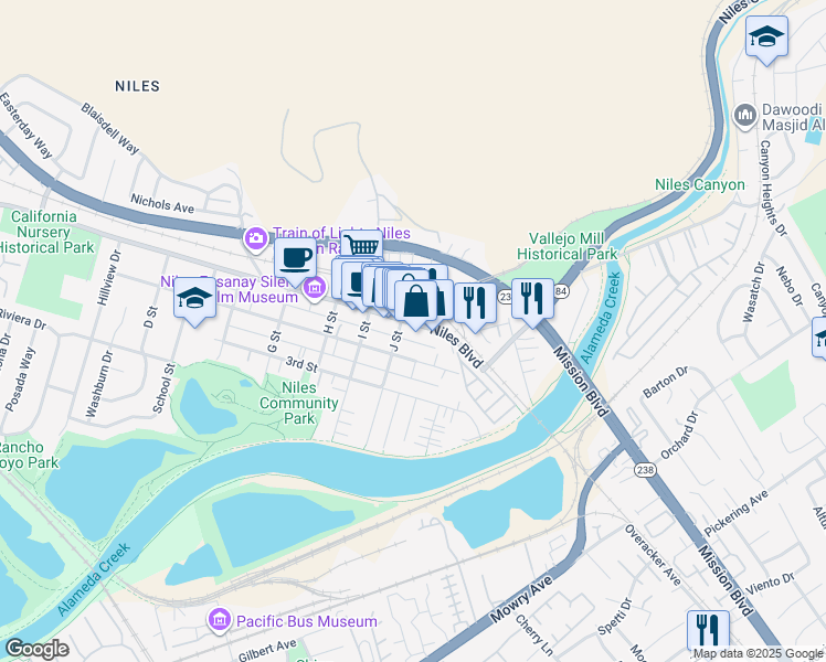 map of restaurants, bars, coffee shops, grocery stores, and more near 37699 Niles Boulevard in Fremont