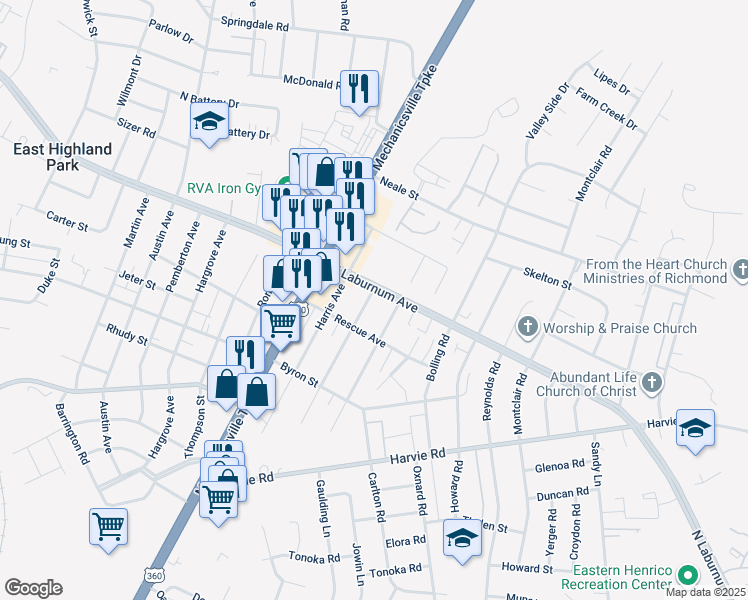 map of restaurants, bars, coffee shops, grocery stores, and more near 3711 Whitlock Avenue in Richmond