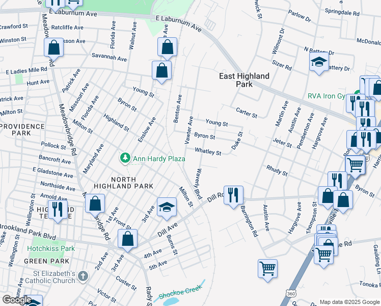 map of restaurants, bars, coffee shops, grocery stores, and more near 1403 Whatley Street in Richmond