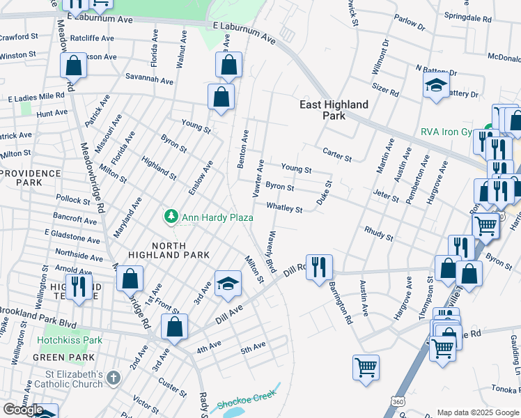 map of restaurants, bars, coffee shops, grocery stores, and more near 1403 Whatley Street in Richmond