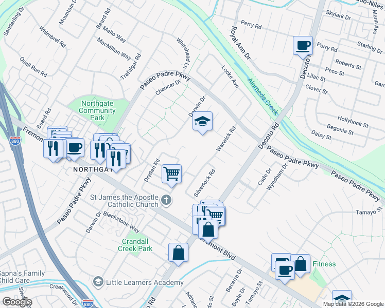 map of restaurants, bars, coffee shops, grocery stores, and more near 3535 Ferry Lane in Fremont