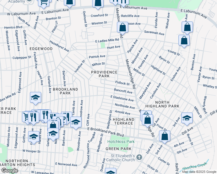 map of restaurants, bars, coffee shops, grocery stores, and more near 506 Bancroft Avenue in Richmond
