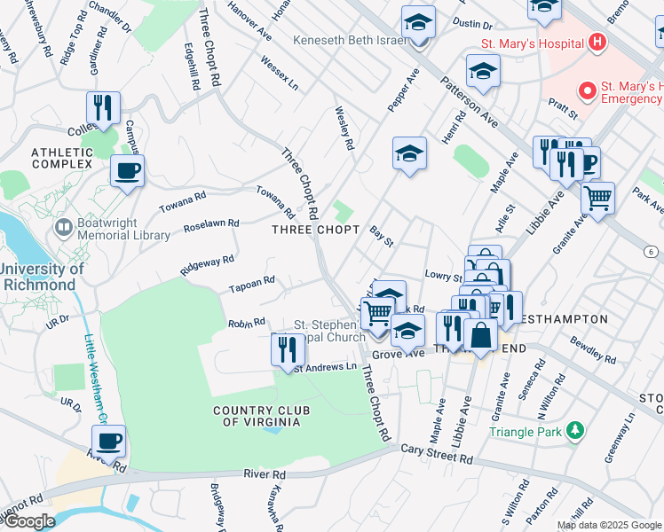 map of restaurants, bars, coffee shops, grocery stores, and more near 6200 Three Chopt Road in Richmond