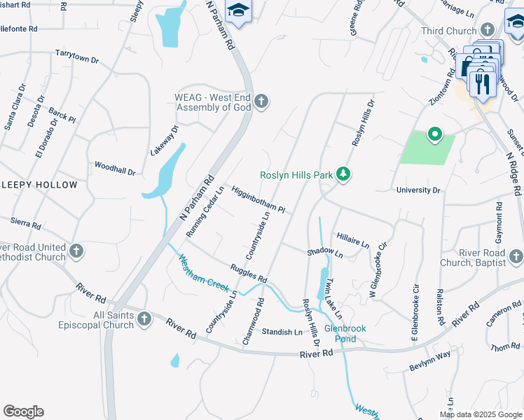 map of restaurants, bars, coffee shops, grocery stores, and more near 38 Countryside Lane in Richmond