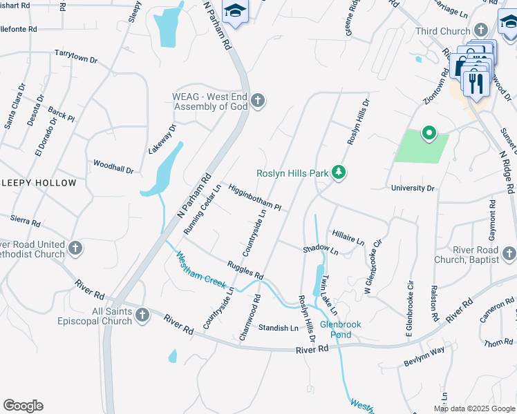 map of restaurants, bars, coffee shops, grocery stores, and more near 38 Countryside Lane in Richmond