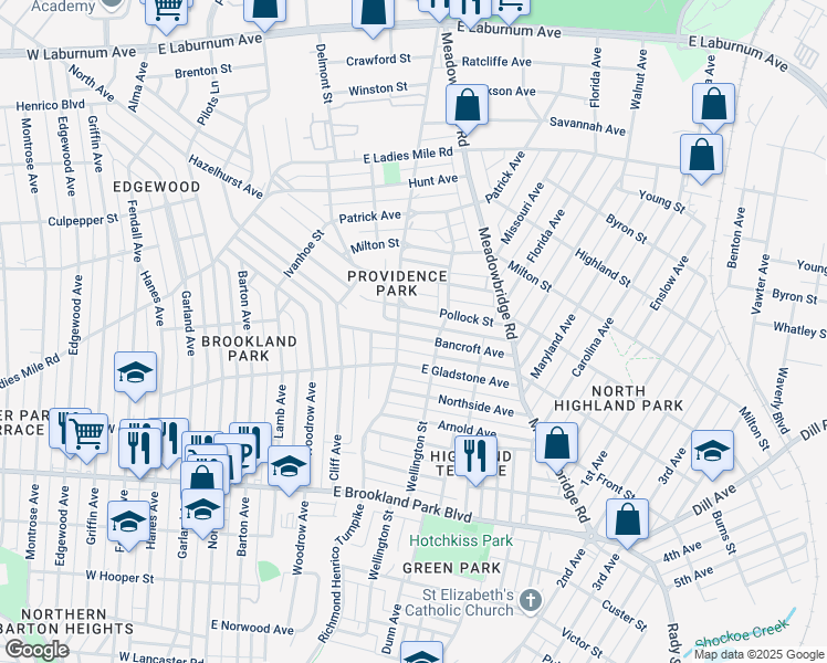 map of restaurants, bars, coffee shops, grocery stores, and more near 506 Bancroft Avenue in Richmond