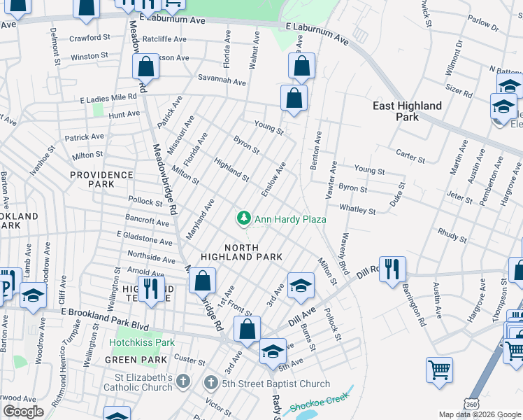 map of restaurants, bars, coffee shops, grocery stores, and more near 3406 Enslow Avenue in Richmond