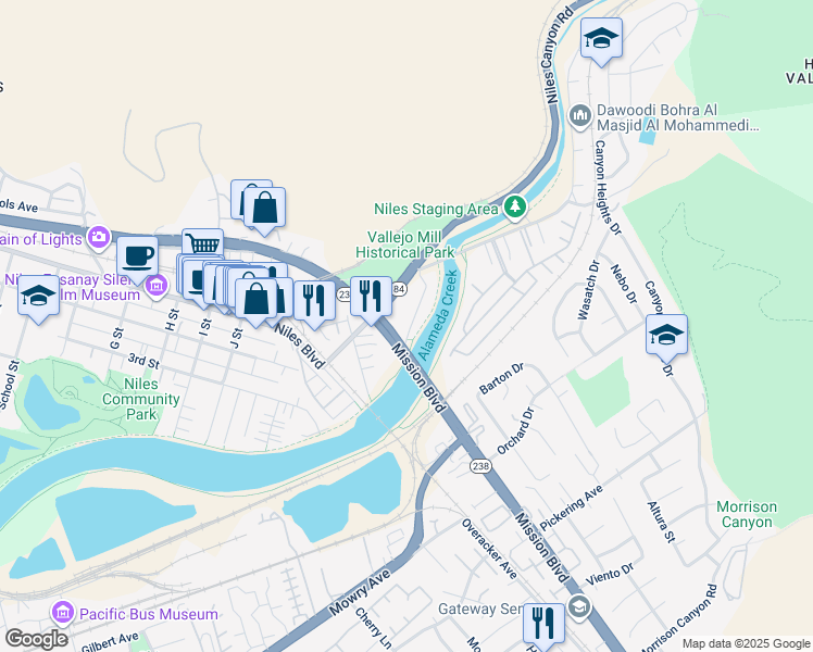 map of restaurants, bars, coffee shops, grocery stores, and more near 118 Sycamore Street in Fremont