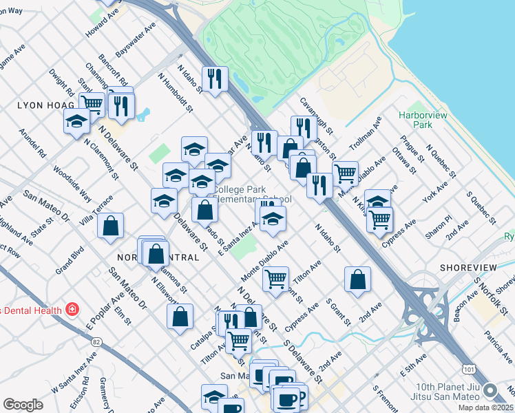 map of restaurants, bars, coffee shops, grocery stores, and more near 336 North Grant Street in San Mateo