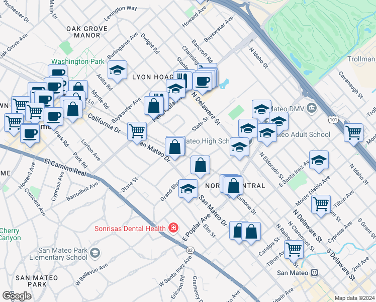 map of restaurants, bars, coffee shops, grocery stores, and more near 407 Villa Terrace in San Mateo