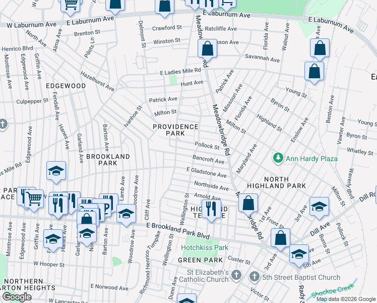 map of restaurants, bars, coffee shops, grocery stores, and more near 3224 Wellington Street in Richmond
