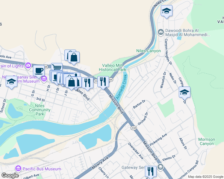 map of restaurants, bars, coffee shops, grocery stores, and more near 118 Sycamore Street in Fremont