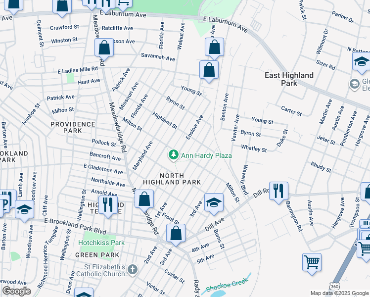 map of restaurants, bars, coffee shops, grocery stores, and more near 3407 Enslow Avenue in Richmond