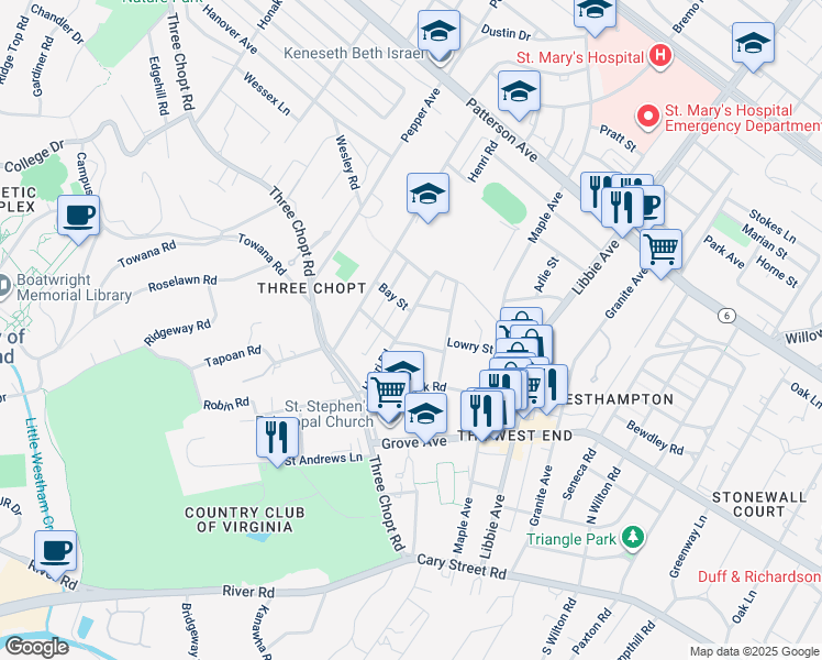 map of restaurants, bars, coffee shops, grocery stores, and more near 505 Henri Road in Richmond