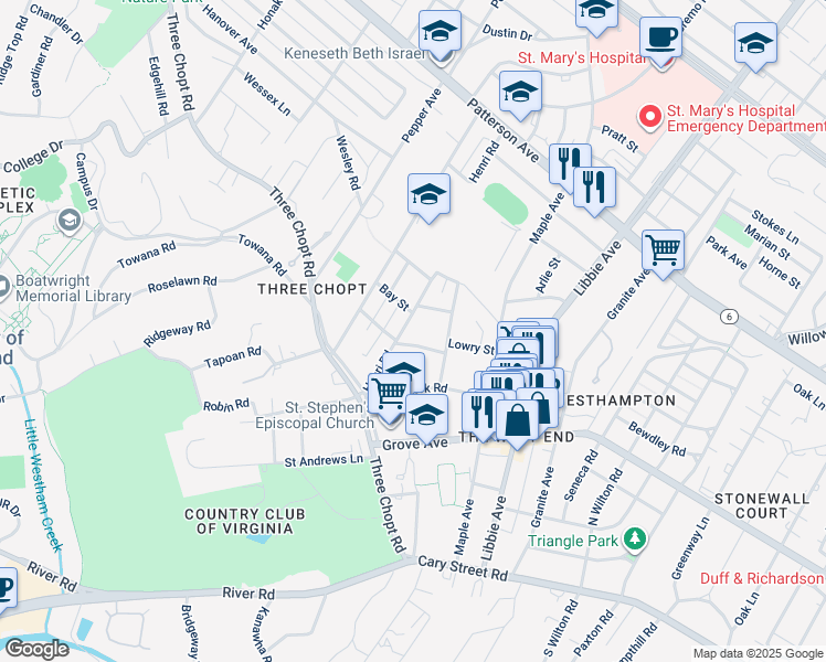 map of restaurants, bars, coffee shops, grocery stores, and more near 505 Henri Road in Richmond