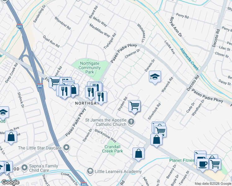 map of restaurants, bars, coffee shops, grocery stores, and more near 3707 Gainsborough Terrace in Fremont