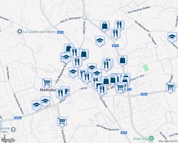 map of restaurants, bars, coffee shops, grocery stores, and more near 6 Vico Consoli in Mascalucia