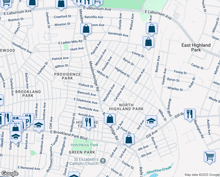 map of restaurants, bars, coffee shops, grocery stores, and more near 3306 Maryland Avenue in Richmond