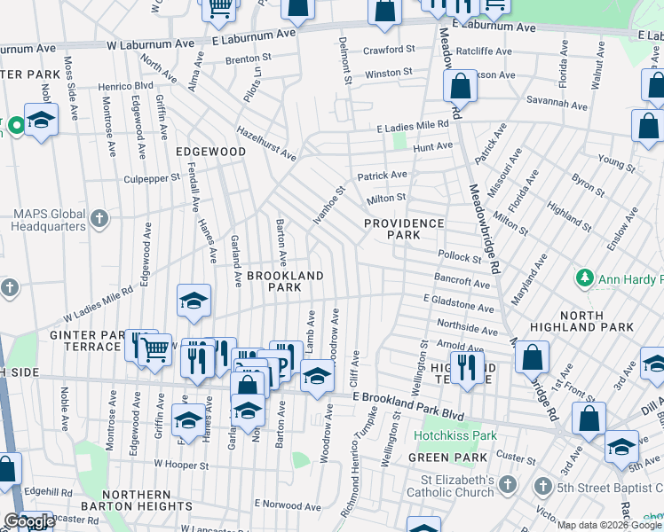 map of restaurants, bars, coffee shops, grocery stores, and more near 3218 Cliff Avenue in Richmond