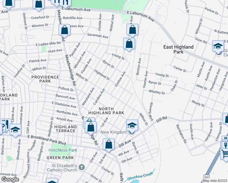 map of restaurants, bars, coffee shops, grocery stores, and more near 3407 Enslow Avenue in Richmond