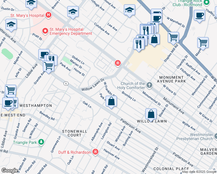 map of restaurants, bars, coffee shops, grocery stores, and more near 5110 West Franklin Street in Richmond