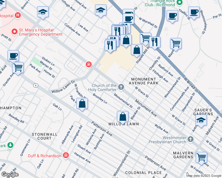 map of restaurants, bars, coffee shops, grocery stores, and more near 4906 Monumental Street in Richmond