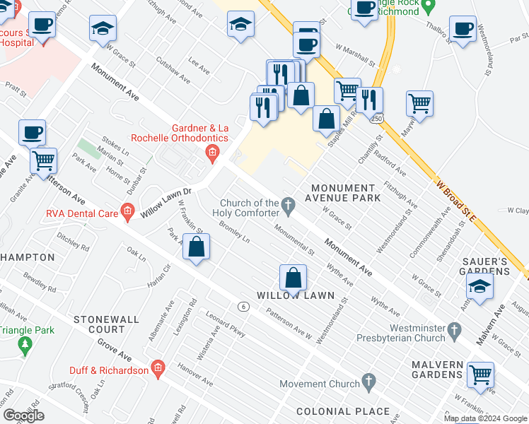 map of restaurants, bars, coffee shops, grocery stores, and more near 4906 Monumental Street in Richmond