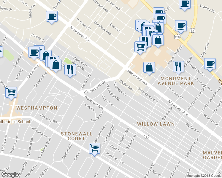 map of restaurants, bars, coffee shops, grocery stores, and more near 5110 West Franklin Street in Richmond