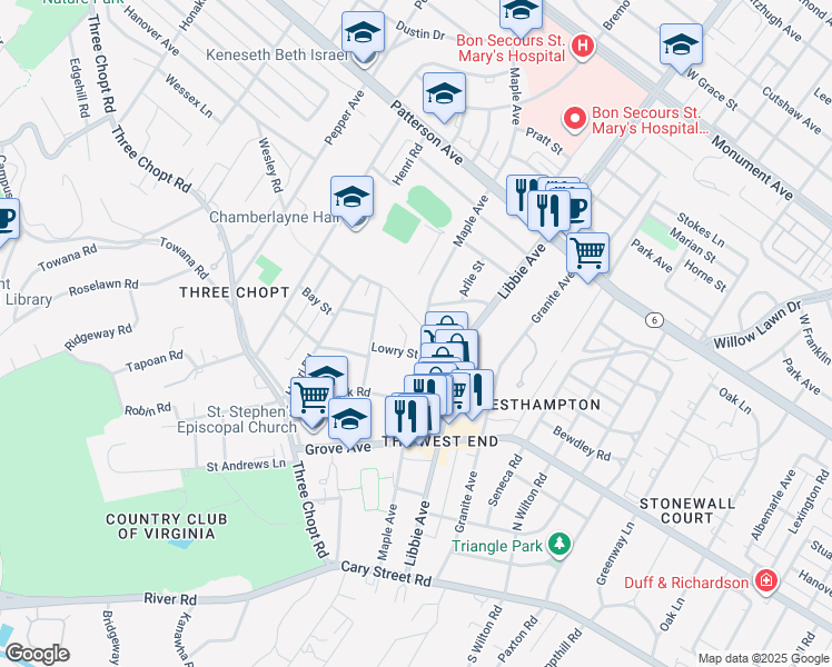 map of restaurants, bars, coffee shops, grocery stores, and more near 5907 Fergusson Road in Richmond