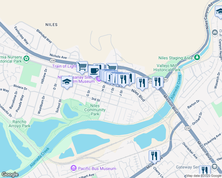 map of restaurants, bars, coffee shops, grocery stores, and more near 131 I Street in Fremont