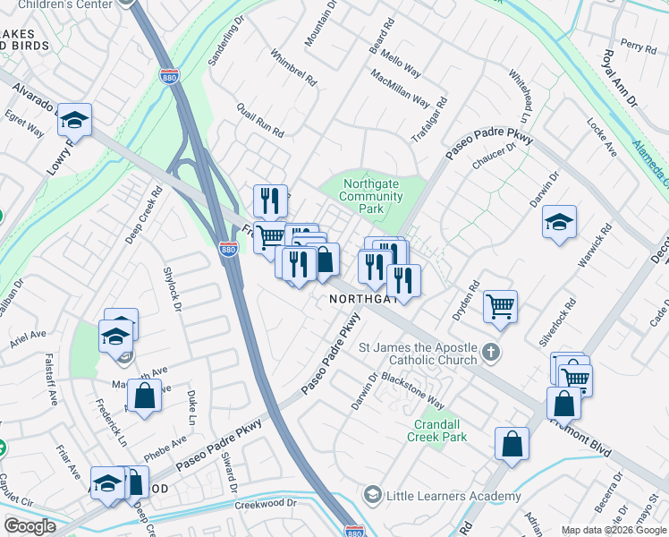 map of restaurants, bars, coffee shops, grocery stores, and more near 34093 Westchester Terrace in Fremont